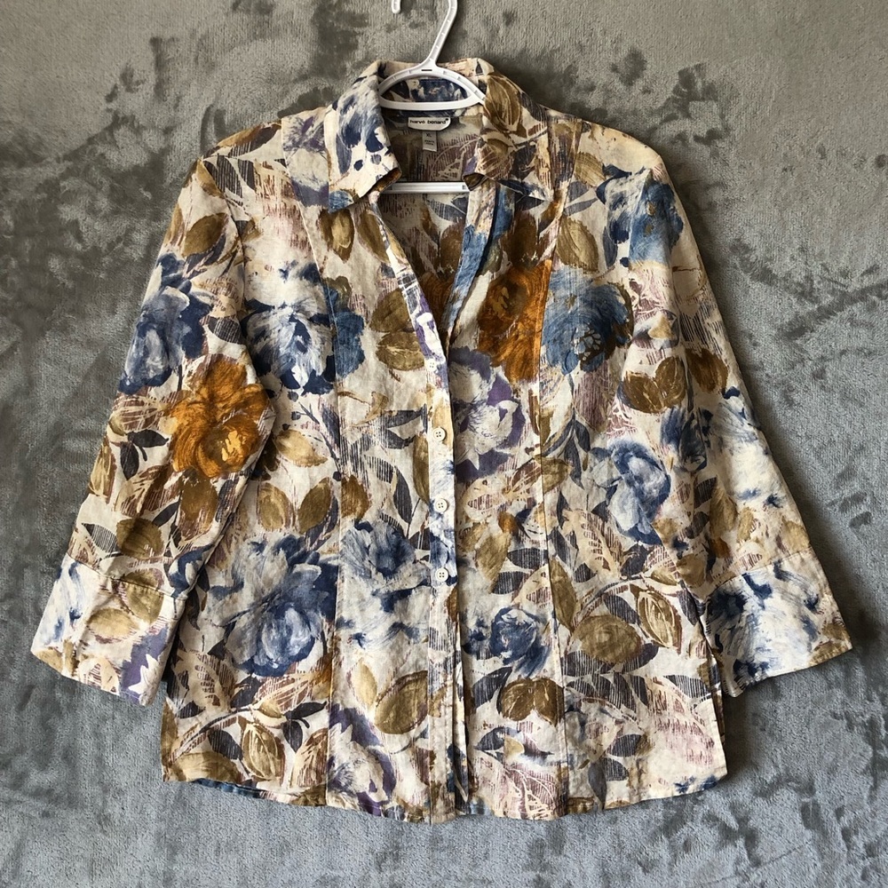 Women Floral Linen Blend Shirt Size XL Button Up Casual Harve Benard